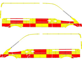 Striping Ford Transit L3H2 Battenburg Rood/Geel/Wit  links   rechts  met 2 schuifdeuren en stekker