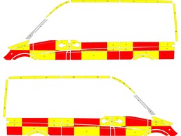 Striping Mercedes Sprinter L2H2 Battenburg Rood/Geel/Wit  links   rechts  2 schuifdeuren buttonblast BW Aalst