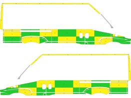 Striping Iveco Daily H2 L2 Battenburg KIT T11500 Groen/Geel/Wit  links   rechts  2 schuifdeuren flitser vooraan naast stekker